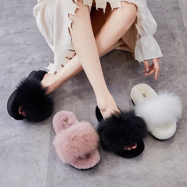 

real fur slides for women furry plush slippers with raccoon female cute fluffy designer platform shoes fu, Black