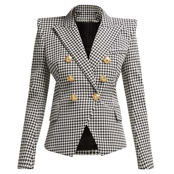 

fashion designer blazer women's long sleeve metal lion buttons houndstooth print jacket 211019, White;black