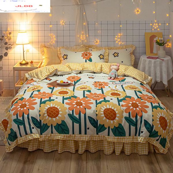 

bedding sets korean yellow bedclothes luxury duvet cover romantic lace girls princess quilts  full single sunflower