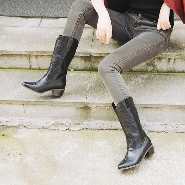 

boots european and american style ladies cowboy mid-tube shoes woman high heels women, Black