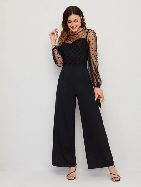 

dobby mesh bodice wide leg jumpsuit y6jo#, White