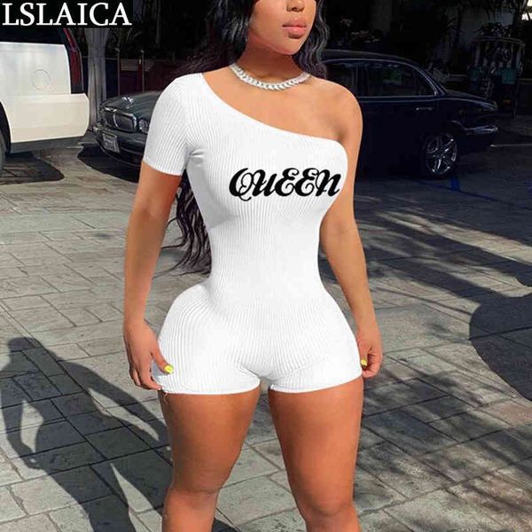 

drop elegant woman jumpsuits solid color letter print high waist short sleeve jumpsuit summer off shoulder romper 210520, Black;white