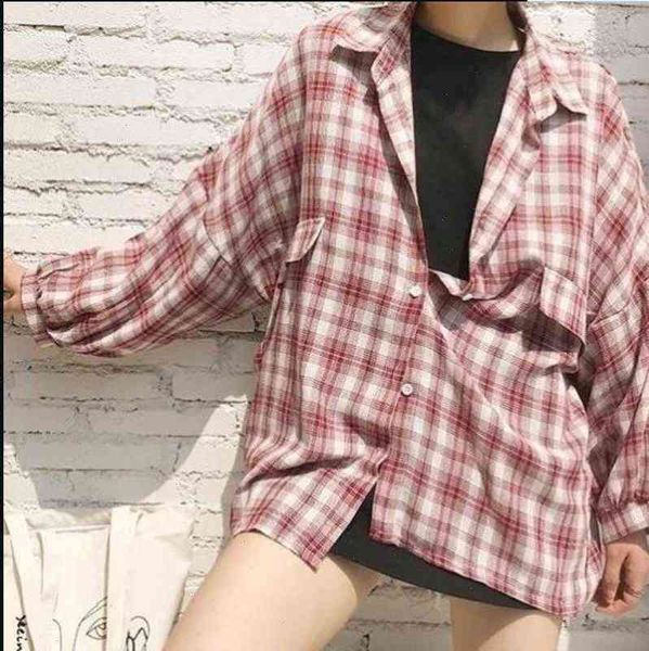 

sun women blouses protection shirt female korean version loose student lantern sleeve plaid mid length coat retro wild blouse, White