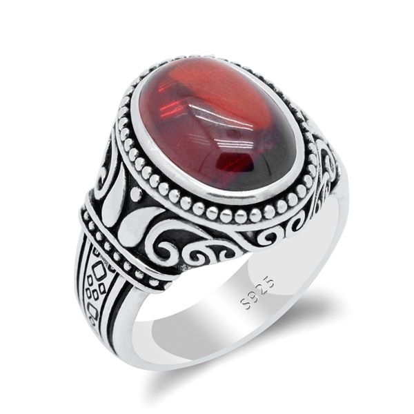 925 Sterling Silber Natürlicher Granat Ring für Männer mit rotem Stein Finger Vintage geschnitzt Design Schmuck männliche Frauen Geschenk 211217