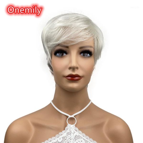 

onemily short straight heat resistant synthetic wigs for old lady women with bangs theme party evening out dating fun white1, Black