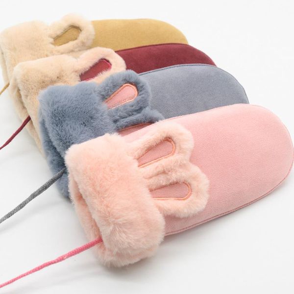 

fingerless gloves women winter plus plush thick warm halter mittens famale fashion cartoon ears wind suede leather fur b24, Blue;gray