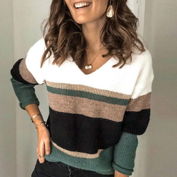 

women's sweaters autumn winter women v neck sweater casual long sleeve knitted jumper 2021 elegant patchwork striped print pullove, White;black