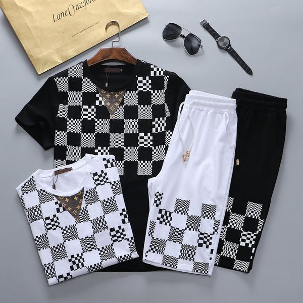 

2021 fashion casual suit summer short sleeve shorts ice silk sports two-piece set logo handsome men's wear m-3xl#05, White;black