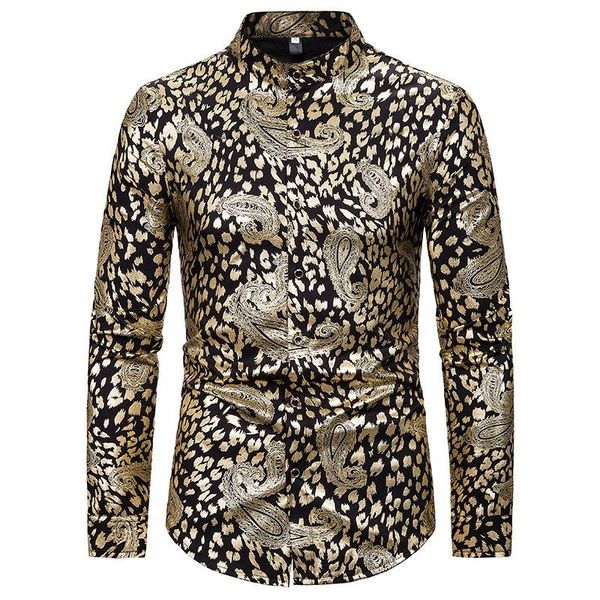 

men's casual shirts gold paisley print nightclub men shirt 2021 brand long sleeve mandarin collar dress mens business camisas, White;black