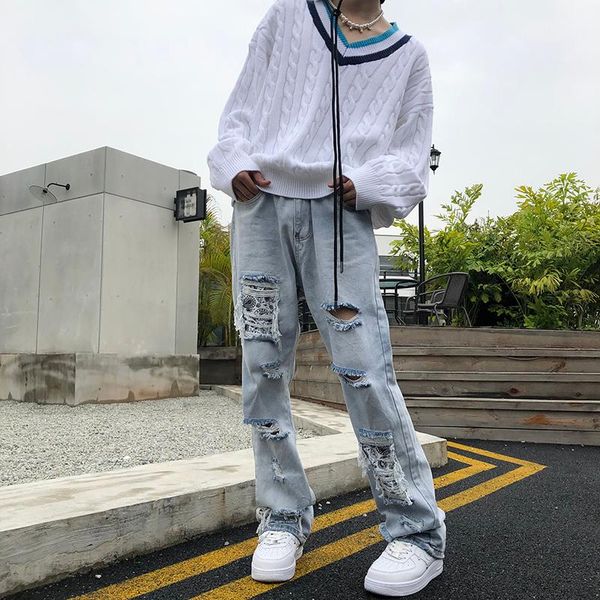 

men's jeans cashew patch street style fashion brand high crowd fried hole, Blue