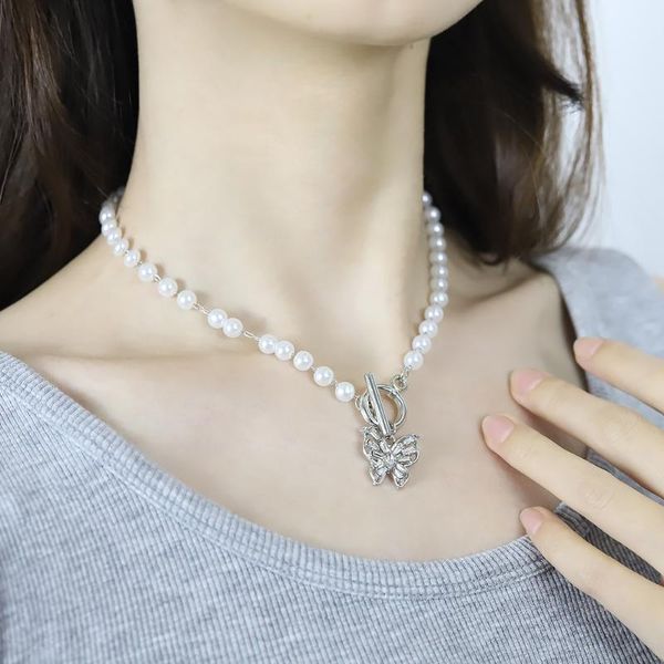 

pendant necklaces fashion lovely choker necklace pearl beads ot buckle butterfly women summer holiday gift women's punk neck chain, Silver
