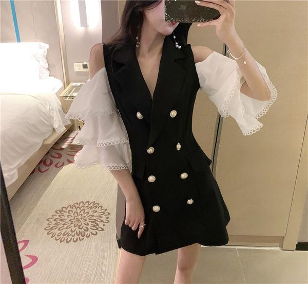 

casual dresses spring long sleeve white blazer dress 2021 women notched collar mini double button lady a line office vestidos, Black;gray