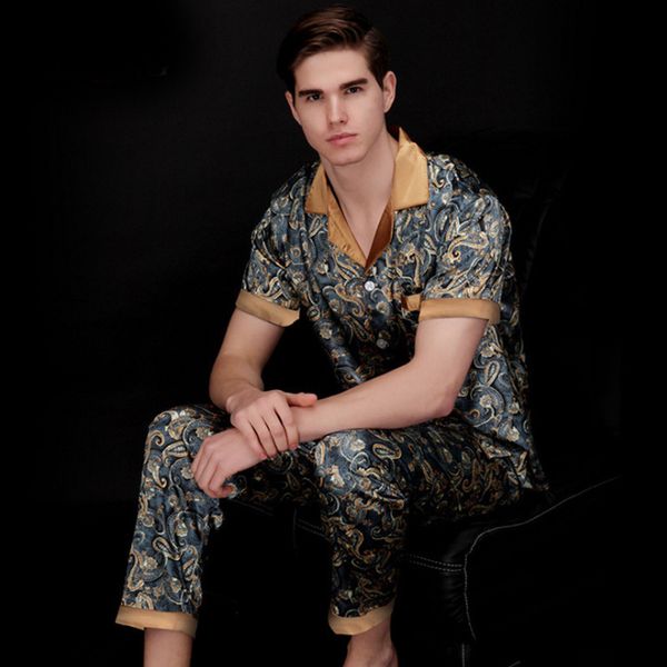 Paisley Robe Homens Sleepwear Sets Thin Summer Ice Silk Manga Curta 2 Pçs Conjunto Homewear V-Neck Respirável Sexy Mens Pijama 210524