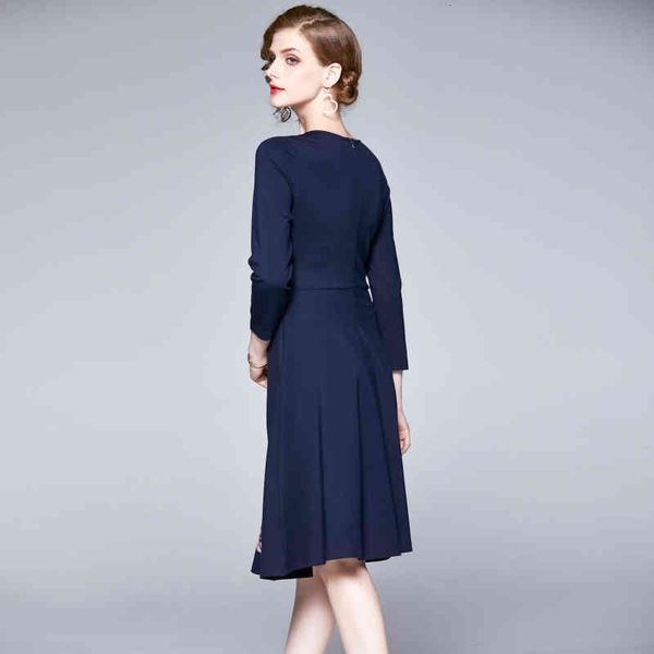 

casual dresses new women bule prints autumn french elegant grace long sleeve lace up crew neck a-line embroidery ztpt, Black;gray