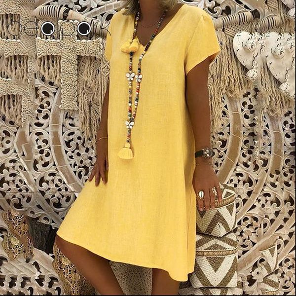 

summer solid v neck women dress short sleeve ethnic elegant casual loose robe 3xl 5xl plus size boho, Black;gray