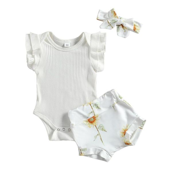 

clothing sets citgeesummer toddler kid baby girl 3pcs set flared short sleeve bodysuit+floral print shorts+headband infant, White