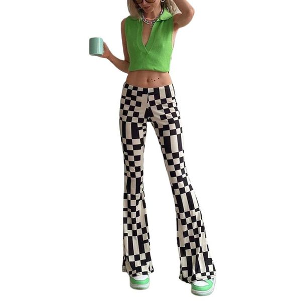 

women's pants & capris ladies personalized long bell-bottomed pants, summer autumn girls black white plaid slim flared trousers for sho