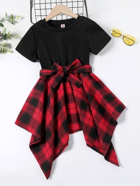

toddler girls plaid asymmetrical hem belted dress she01, Red;yellow