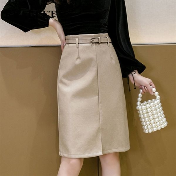 

realeft autumn winter pu leather skirt elegant midi skirts high waist front split sheath wrap with belt female 211214, Black