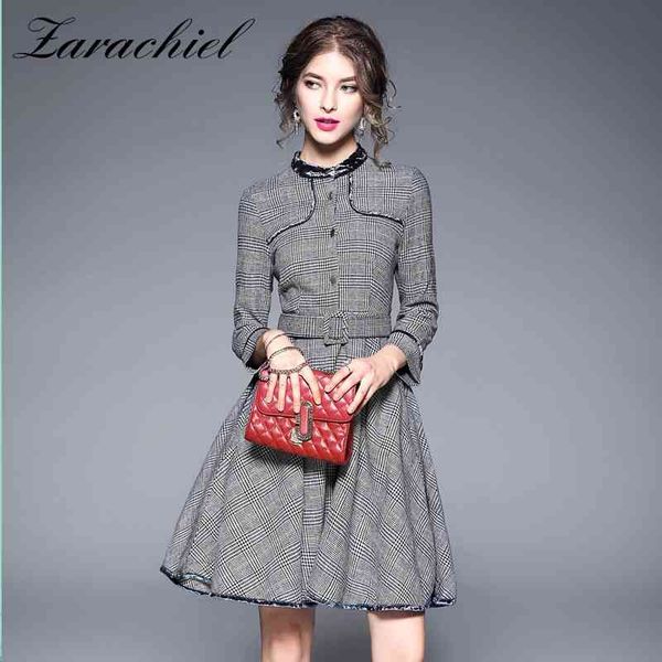 

autumn vintage women fit silm a-line above knee plaid office lady o-neck velvet patchwork casual ol dress with belt 210416, Black;gray