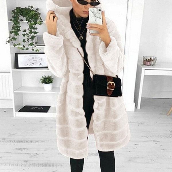 

women's fur & faux 2021 autumn winter imitation mink coat women fleece fashion long jacket outwear solid color casual overcoat, Black