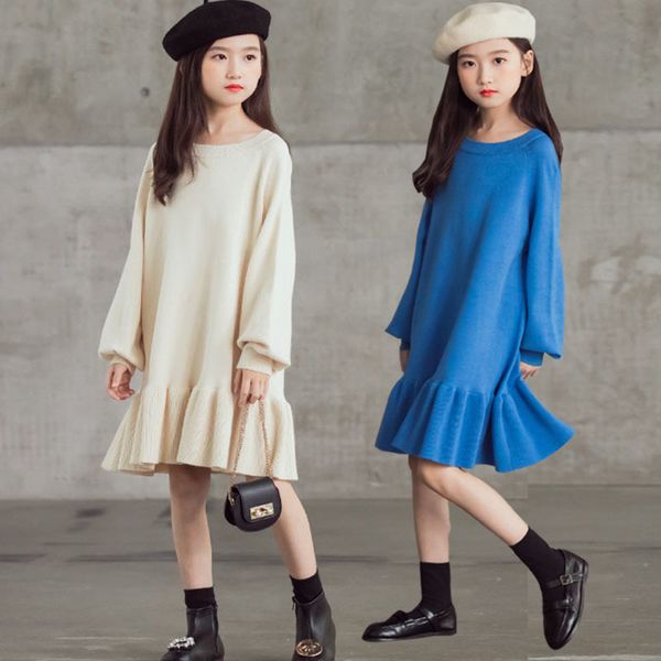 

knit sweater teen girls dress autumn winter kids dresses long sleeve princess dress for girl party red white blue clothing 210329, Red;yellow