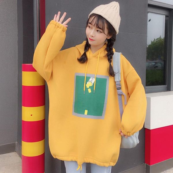 

women's hoodies & sweatshirts 2021 winter womens yellow harajuku long sleeve hooded fleece sweatshirt coat female sweat shirt, Black