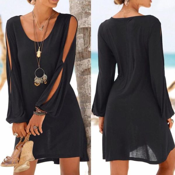 

dress fashion women casual o-neck hollow out sleeve straight solid beach style mini 2021 dresses, Black;gray
