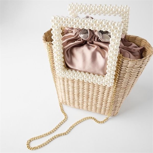 

summer handmade straw for women purses pearl weaving ladies wrapped beach bag handle handbags totes 2021 c0601