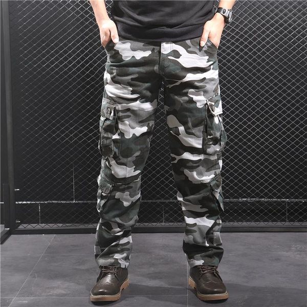 

men's camouflage printed multi-pocket casual cotton wear-resistant loose cargo pants, Black
