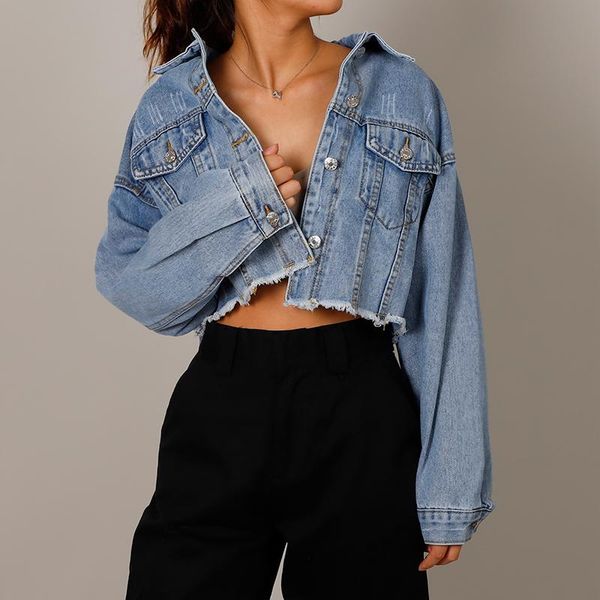 

women's jackets autumn denim cropped jacket female pockets hole short jean ladies 2021 fashion button casual solid coats, Black;brown