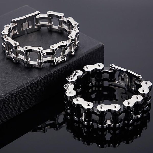 

link, chain men's heavy punk rock bike stainless steel motorcycle bracelet black/sliver color polished homme bicycle wristband jewelry