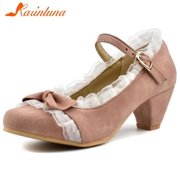 

2021 fashion brand female shoes large size 34-48 mary janes ankle straps chunky heels lace pu bowknot pumps dress, Black
