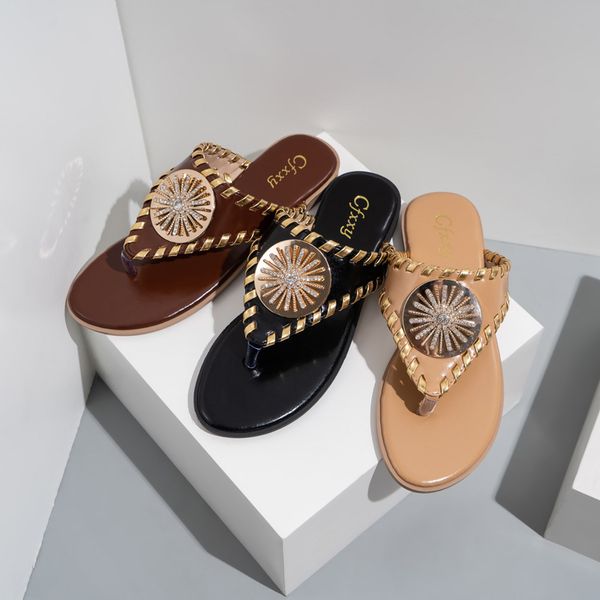 

2021 summer metal women slippers rhinestone suower flat bottom women's sandls beach flip-flops outside female slides shoes k731, Black