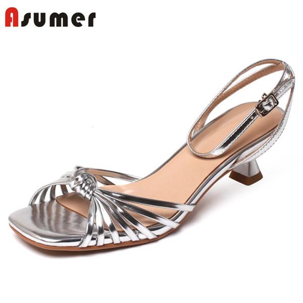 

dress shoes asumer 2021 genuine leather women sandals hollow out ankle buckle med heels vintage party wedding woman, Black
