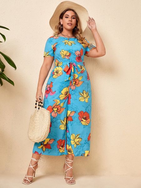 

plus floral print belted palazzo jumpsuit s8iu#, Black
