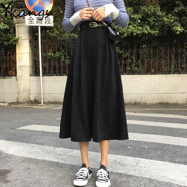 

elegant solid midi pleated skirt with belt women spring black high waist a-line skirts ladies korean harajuku school long skirt 210619