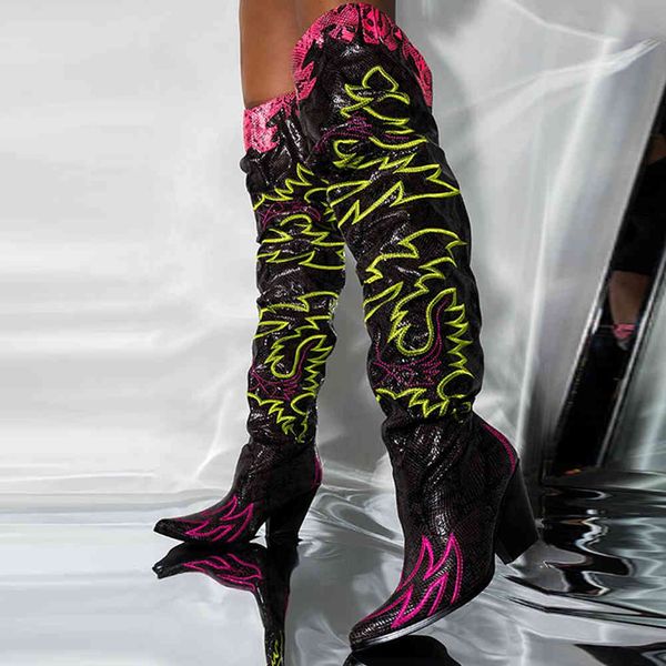 

boots sarairis cobra shredded verins embroidered on the knee women's boots thick shoes western high heels tight 5iwb, Black