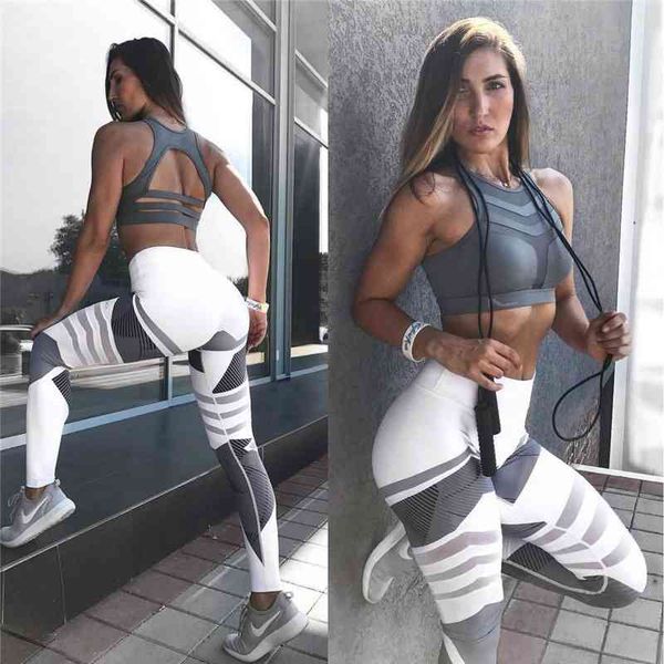 

women seamless yoga set pants sportswear gym workout running fitness digital print stretch leggings & bra, Black;white