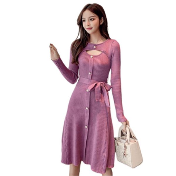 

casual dresses 2021 bow sashes pearl button elegant knit dress women solid hollow out long sleeve mid-length high waist sweet girls, Black;gray