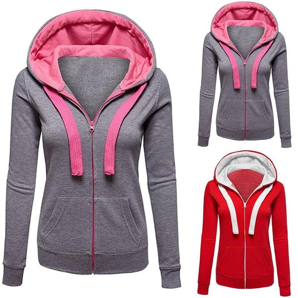 

women's hoodies & sweatshirts women hoodie pockets zipper sports outwear coat autumn solid color long sleeve pocket, Black
