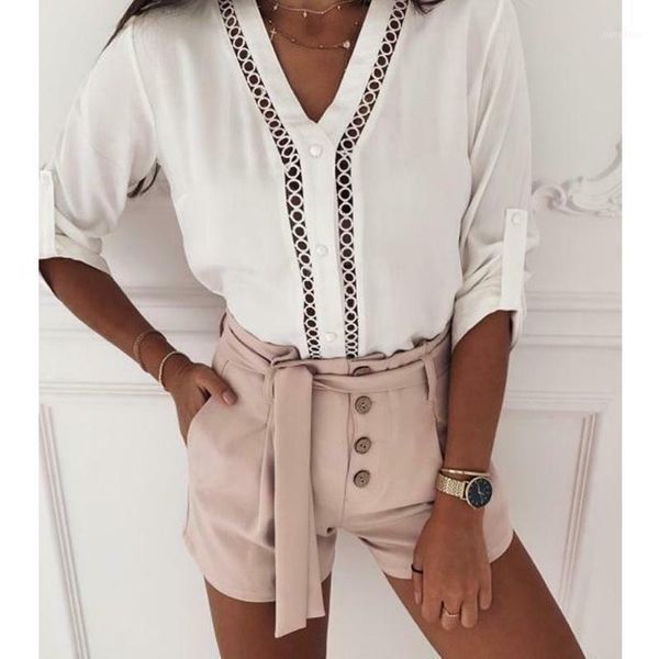 

casual women v-neck hollow shirts 3/4 sleeve cuffs loose blouse office lady white single breasted women's blouses &