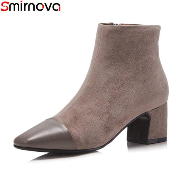 

boots smirnova 2021 arrival ankle for women square toe zip suede leather thick heels classic female shoes size 34-42, Black