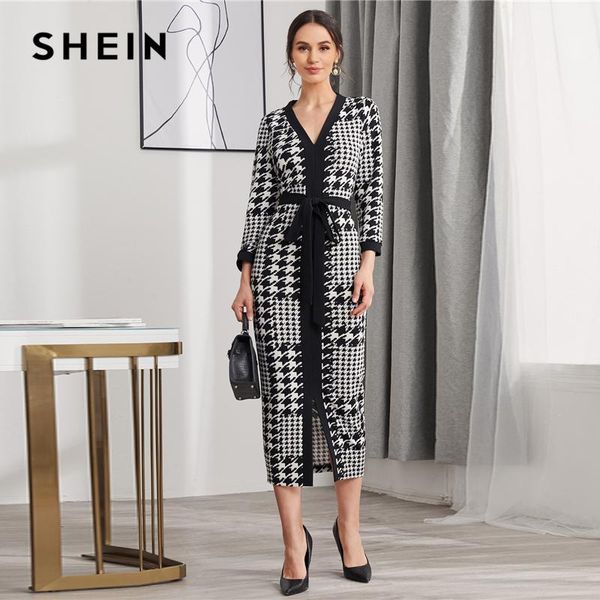 

abaya houndstooth split hem belted bodycon dress women spring v neck high waist pencil slim fit elegant long dresses casual, Black;gray