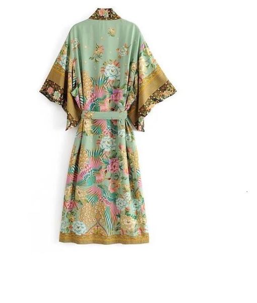 

vintage bohemian v neck peacock flower print kimono shirt ethnic lacing up with sashes long cardigan loose blouse femme, Tan;black
