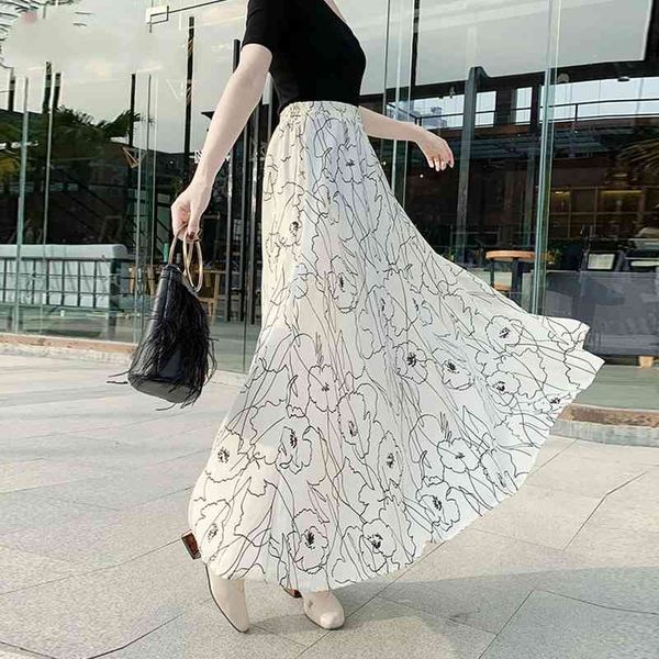 

spring vintage streetwear womens skirts long for women floral maxi high waisted chiffon female korean 210603, Black