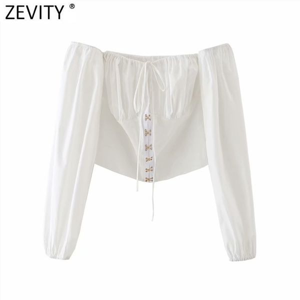 

women off shoulder lace up casual slim short smock blouse female court style shirts chic blusas ls7622 210416, White