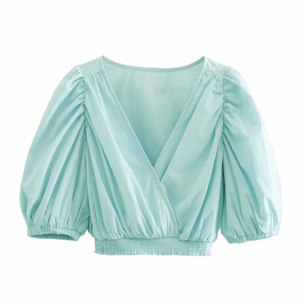 

spring women cross v neck lantern sleeve short shirt solid female pleating blouse casual lady loose blusas s8602 210430, White