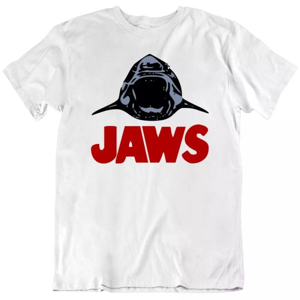 

jaws 70s blockbuster shark steven spielberg fan movie t shirt, White;black
