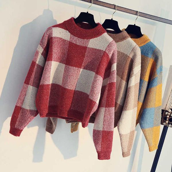 

women's sweaters o-neck casual loose knitted pullovers long sleeve fashion short ladies sweater plaid print autumn winter, White;black